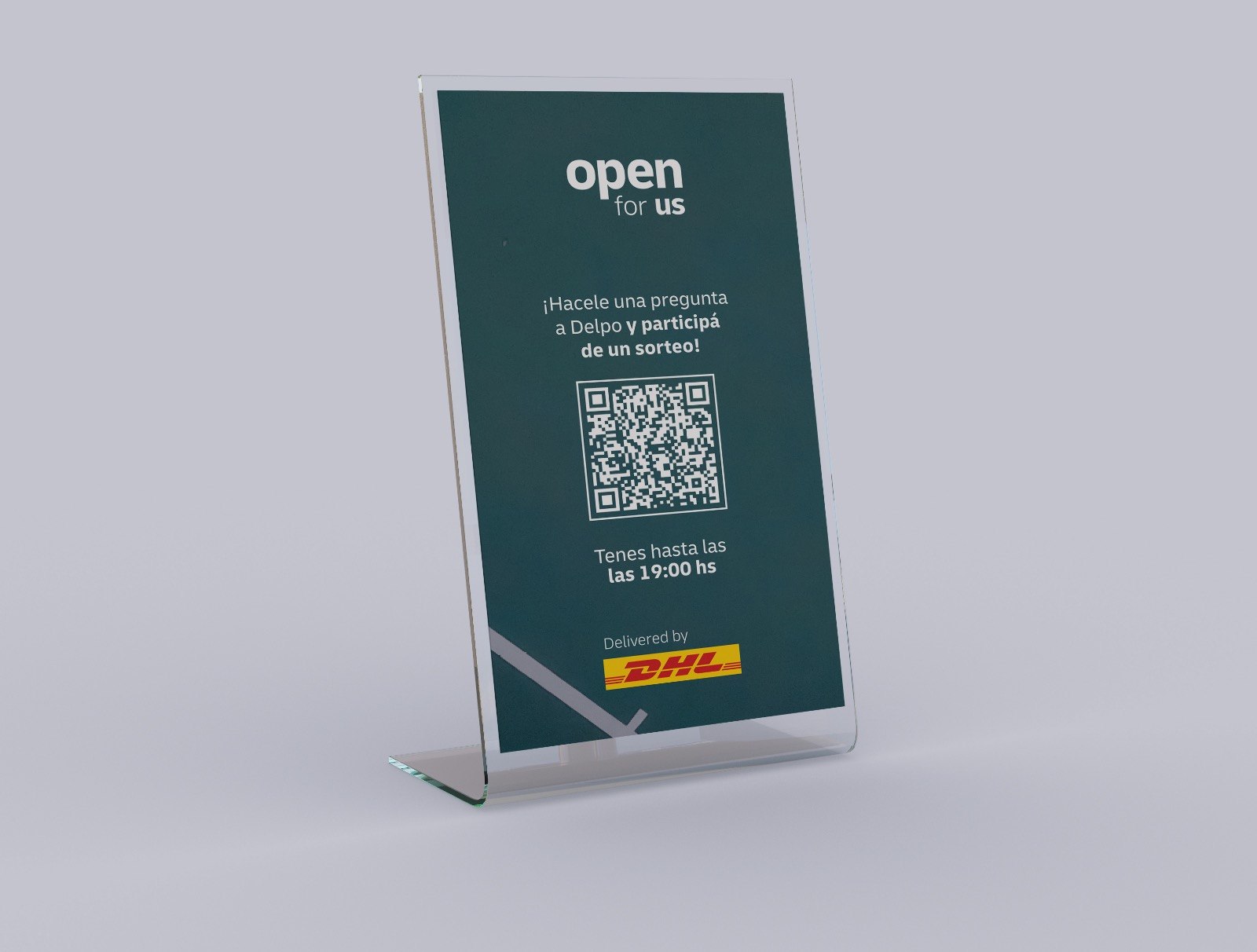 DHL Open for Us — atril de mesa con QR